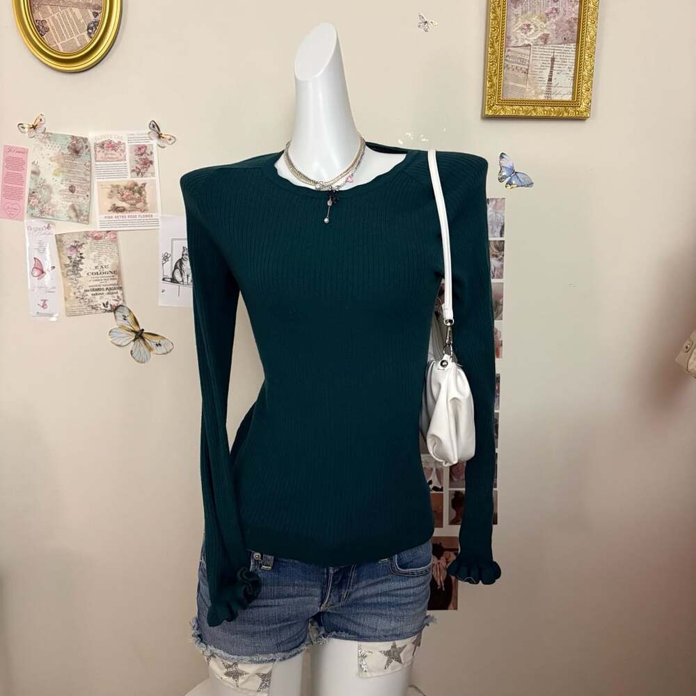 Ann Taylor Green Ribbed Long Sleeve Sweater Top Medium